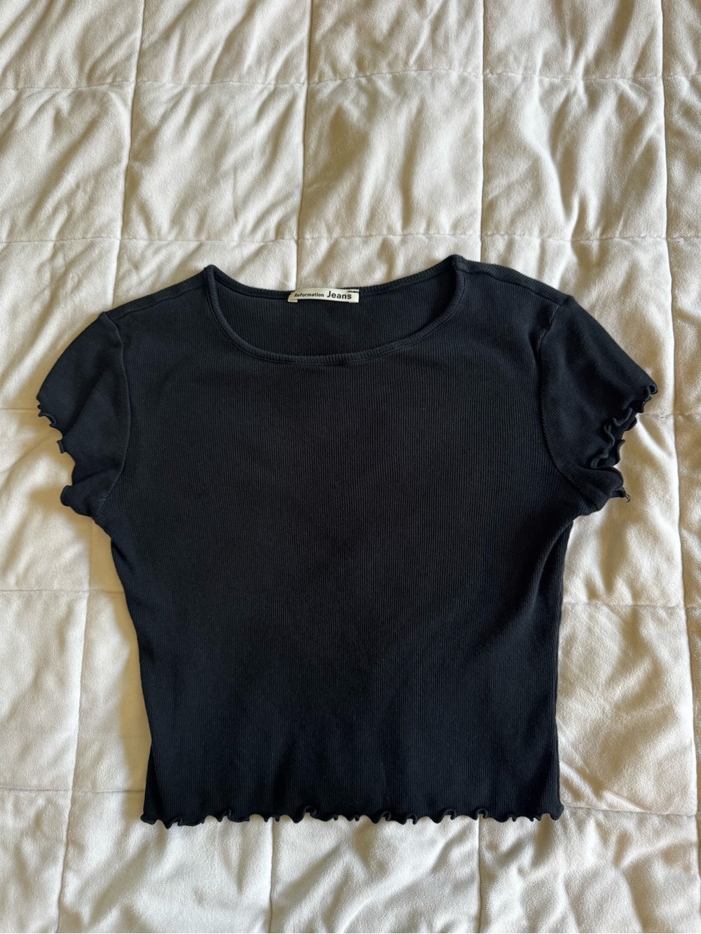 Reformation Black Ribbed Lettuce-Edge Crop Top